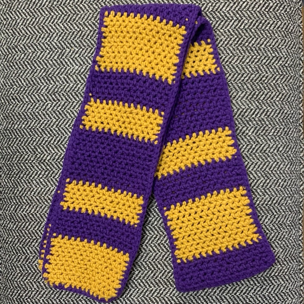 Unisex Purple & Gold crochet color block scarf